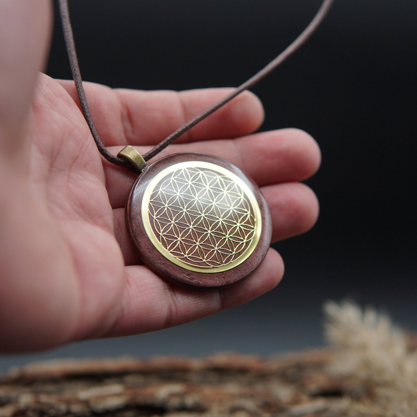 Blume des Lebens Orgonit – Lichtarbeit & Feng Shui Energieanhänger Braun Bronze